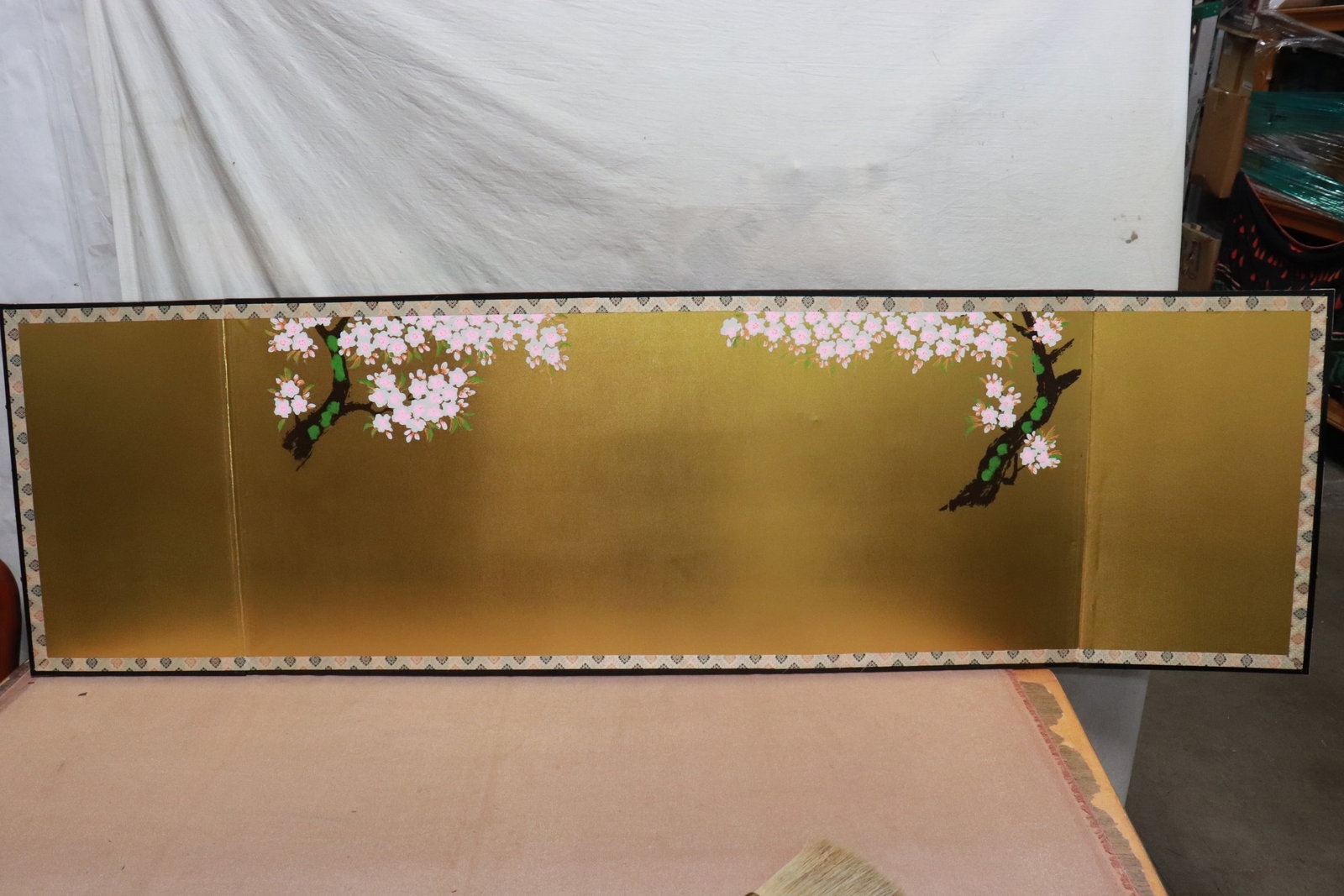 Japanese oil/watercolor on silk folding panel: Japanese oil/watercolor on silk folding panel, 19"x70" (F:21.1"x72.35"x0.4")