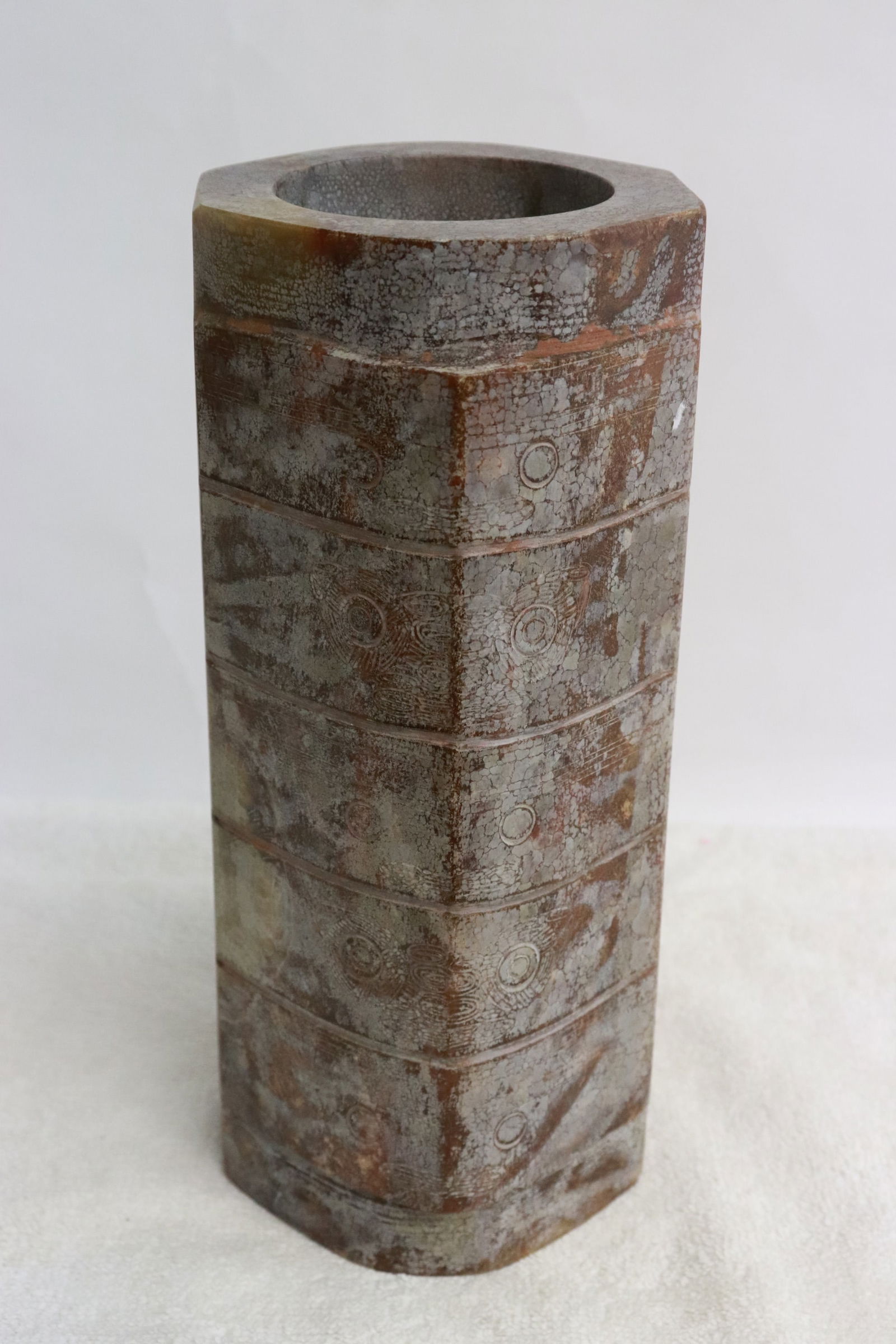 Large jade like stone carved cong (1 of 7)