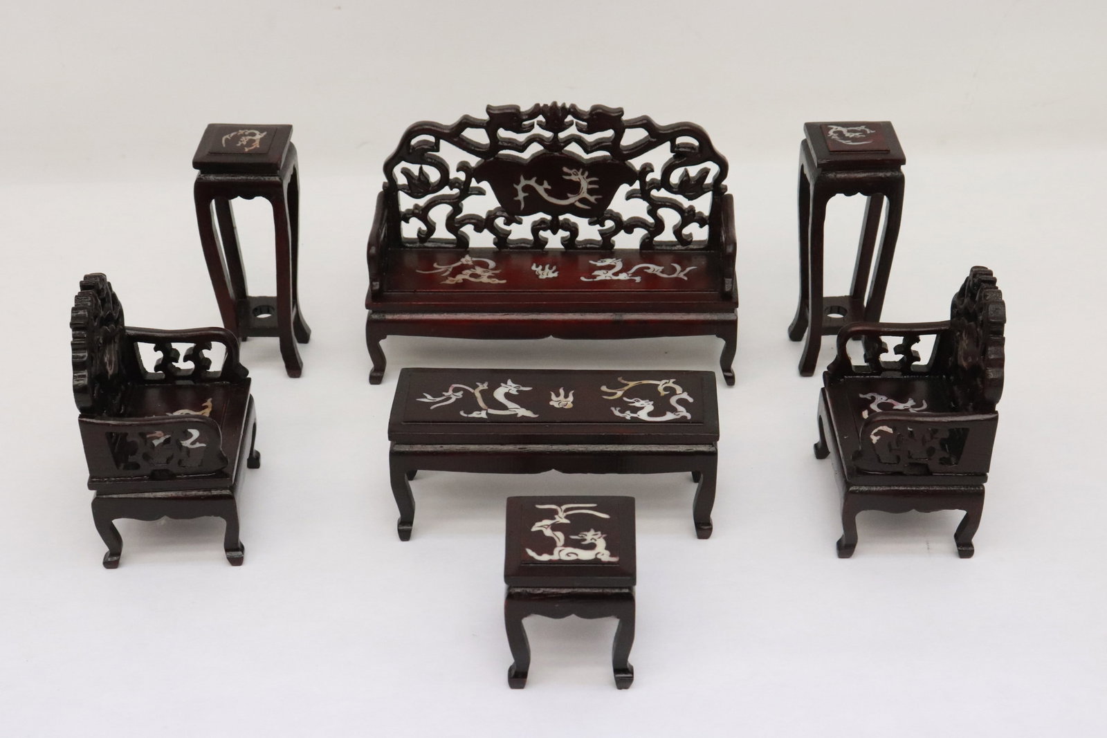 7 pc miniature rosewood furniture set w/ MOP inlaid: 7 pieces miniature rosewood furniture set with MOP inlaid, 1.8"x1.6"x1.6" - 3.8"x5.6"x1.8"