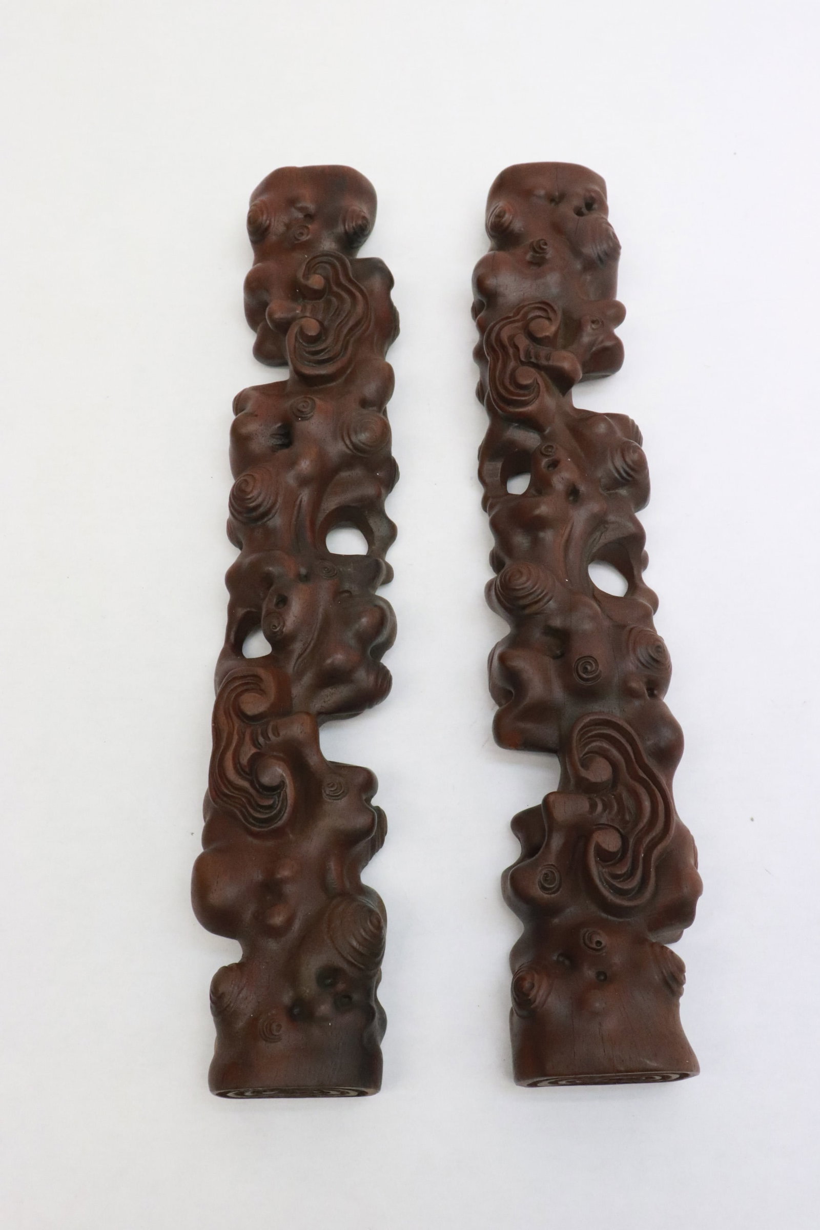 Pair large wood scroll weights: Pair large wood scroll weights, 3.18"x2.4"x1.3" ea