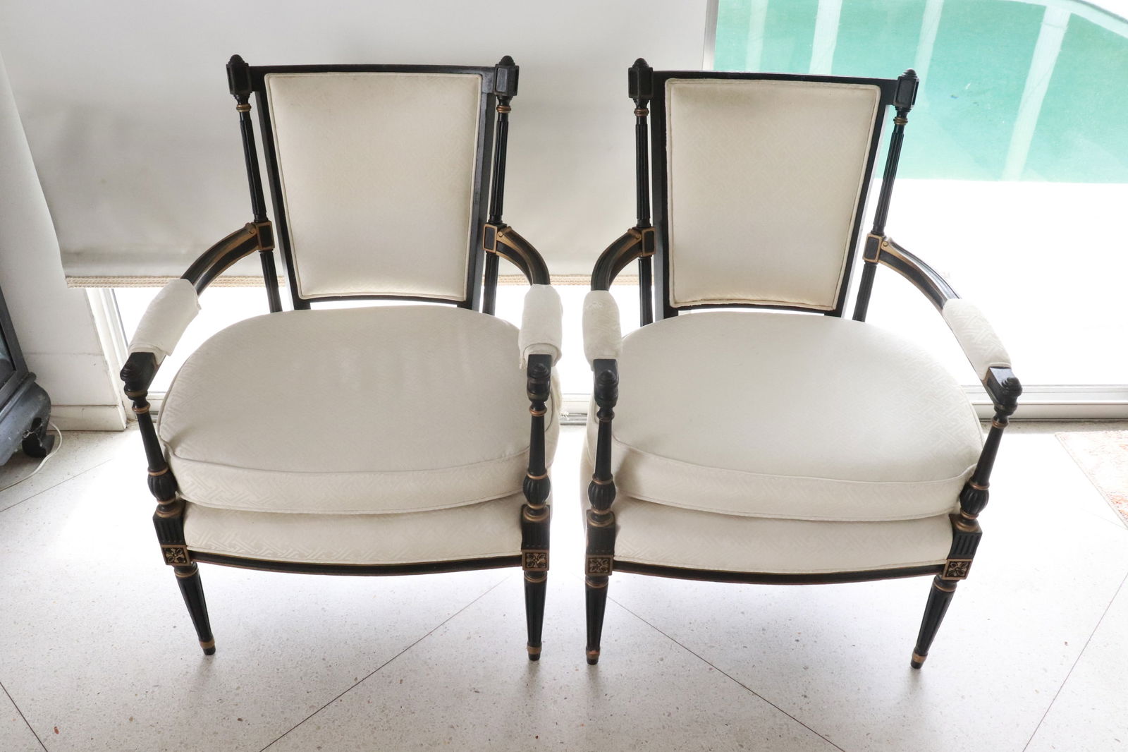 Pair English painted black wood armchairs (1 of 8)