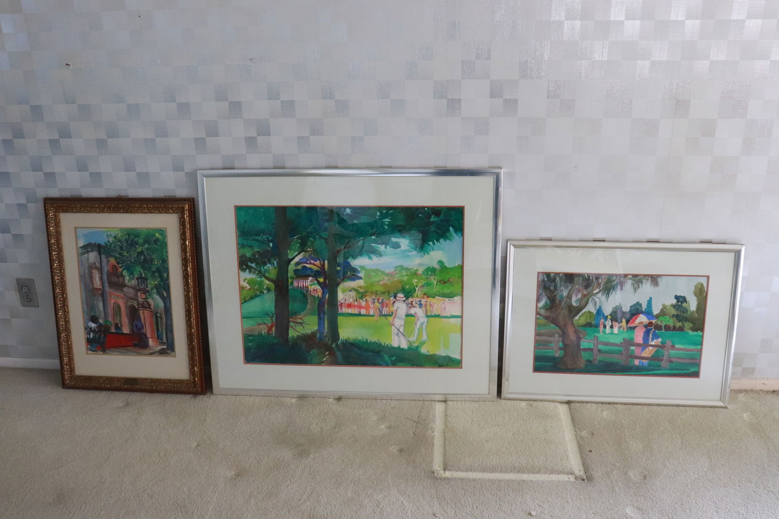 an oil painting, and 2 watercolors: 3 pieces wall art; an oil painting (17.8"x13" (F:27.5"x21.5"x1.4")), and 2 watercolors (13.3"x21.3" (F:21.8"x29.8"x0.9"), 21.35"x29.2" (F:31.15"x38.85"x0.6"))