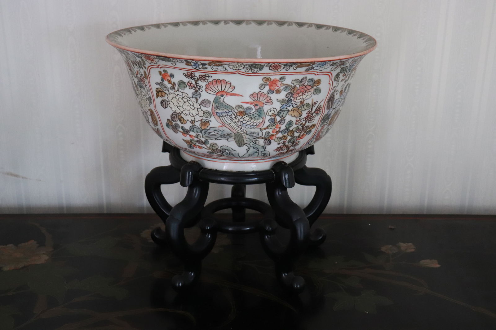 Large Chinese famille rose bowl with stand: Large Chinese famille rose bowl with stand, 15.25"x16.5"x16.5"