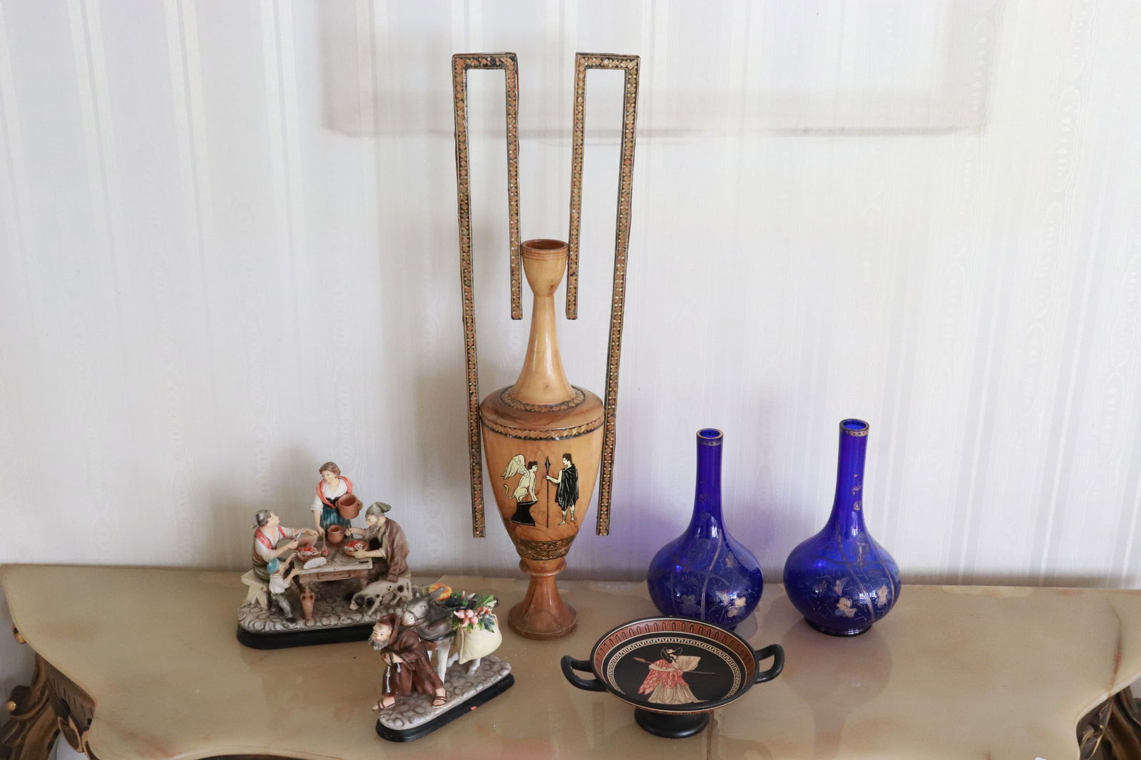 6 pieces: 6 pieces; 2 Greek deco items (2.6"x7.65"x5.15", 21.2"x6.2"x4.4"), 2 bisque sculptures (4.4"H, 5.85"H), and pair blue glass vases (8.15"x4.4"dia ea)