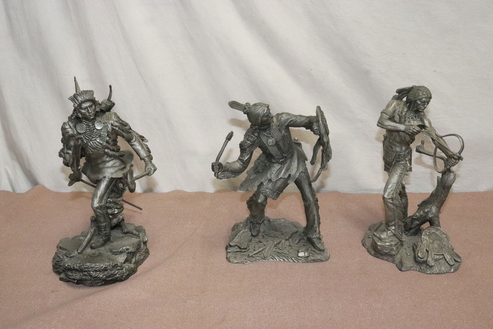 3 pewter sculptures by Jim Porter: 3 pewter sculptures by Jim Porter (9"H - 10.3"H); "Sioux Hunter", "Comanche warrior", and "cow scout"