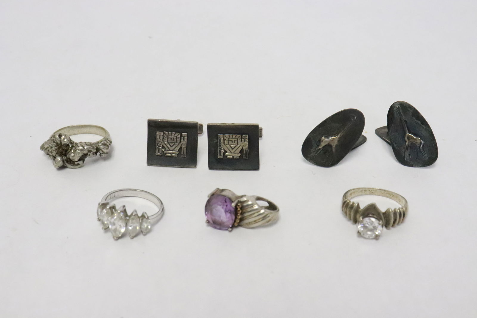 6 sterling items: 6 items; 3 sterling rings, a sterling and 14K Y/G pendant with amethyst, and 2 pairs sterling cufflinks, total wt. 42gm