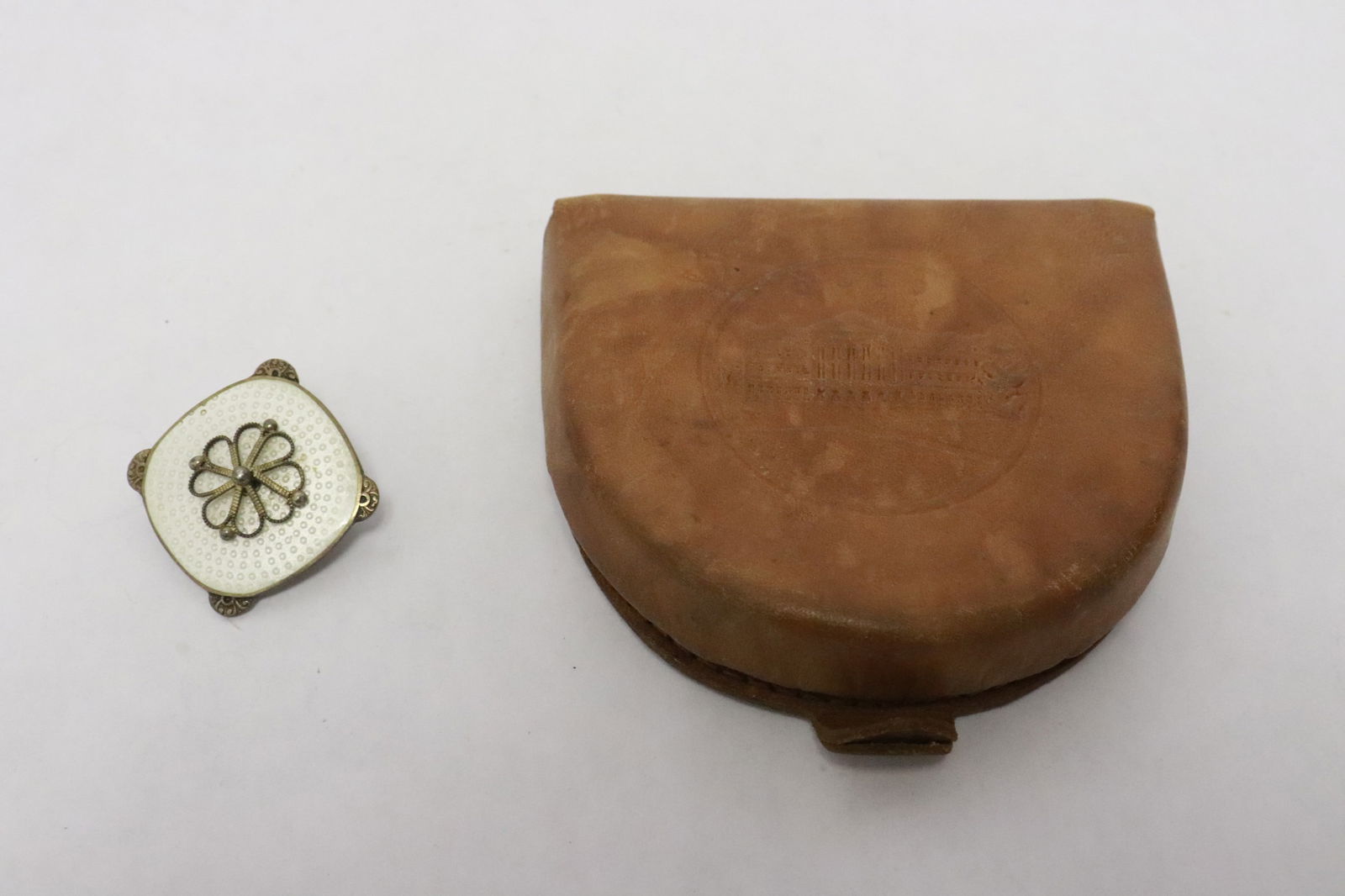 enamel on sterling brooch, a military medal(?) leather pouch: A beautiful enamel on sterling brooch (0.6"x1.3"x1.3"), a military medal(?) storage leather pouch