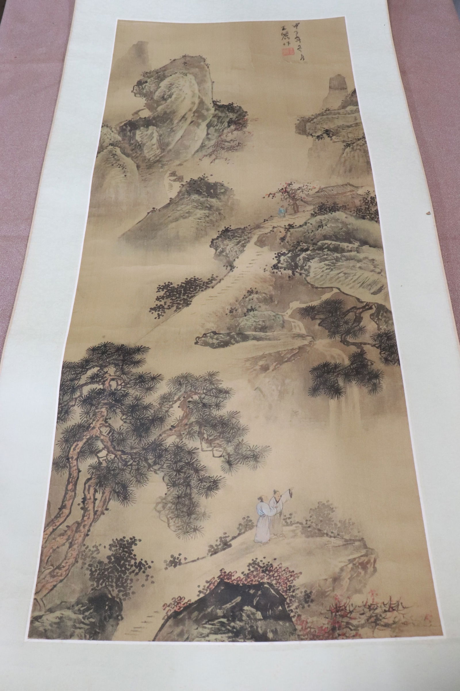 Li Wang watercolor on silk panel "landscape w/ people": Li Wang (??) watercolor on silk panel "landscape with people", 35.8"x14.6"