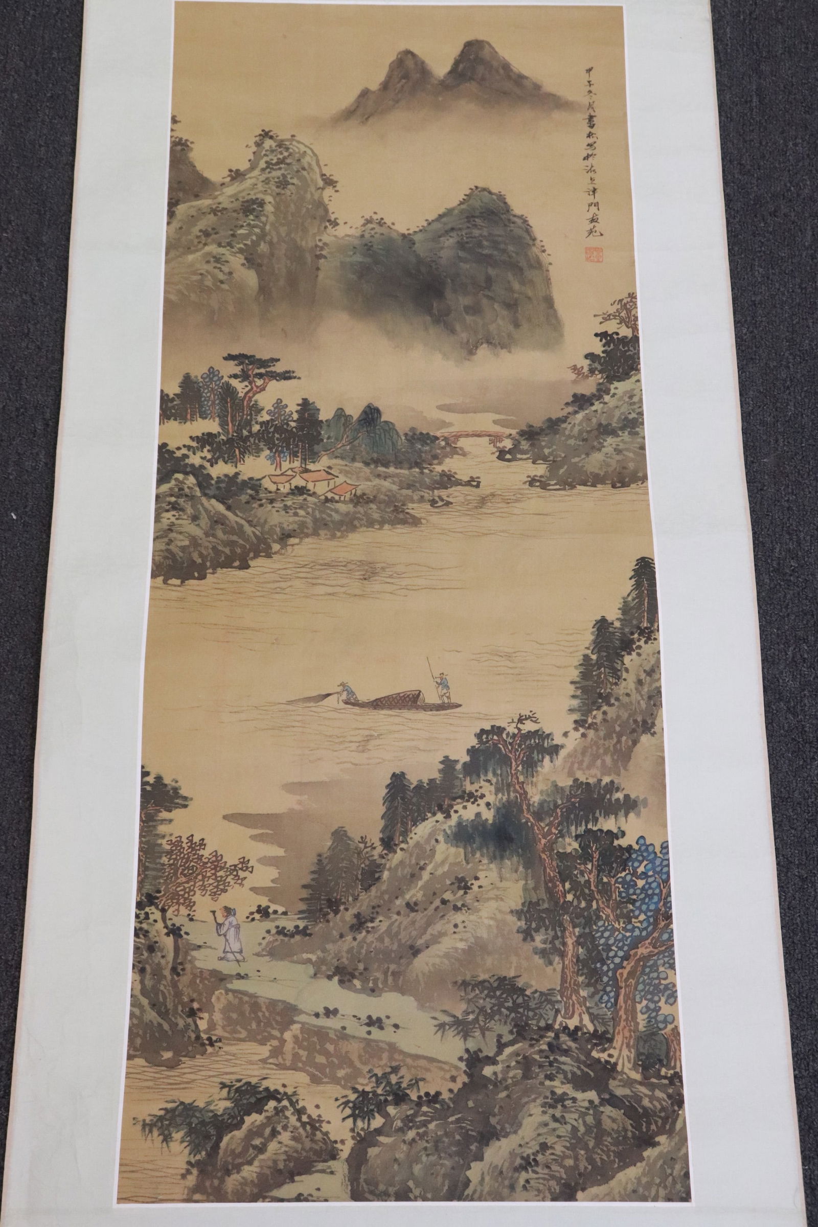 Chinese watercolor on silk panel "mountain landscape": Chinese watercolor on silk panel "mountain landscape", 35.8"x13.8"