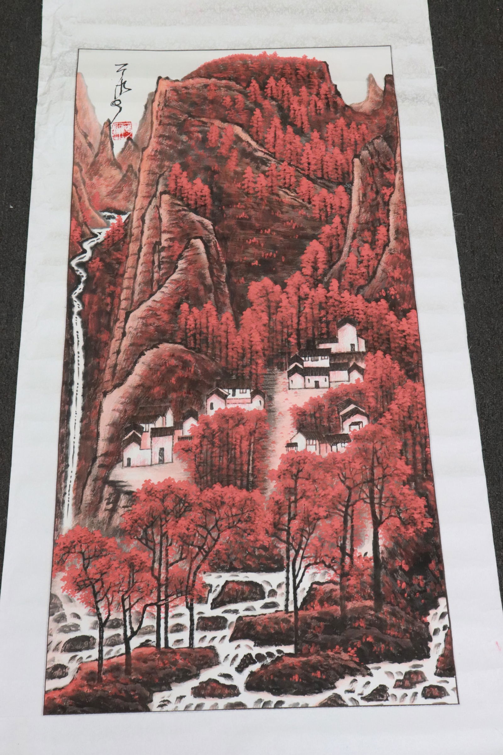 Watercolor on paper "mountain landscape scene": Watercolor on paper "mountain landscape scene" attributed to KeRan Li (?????, 1907-1989), 38.6"x18.8"