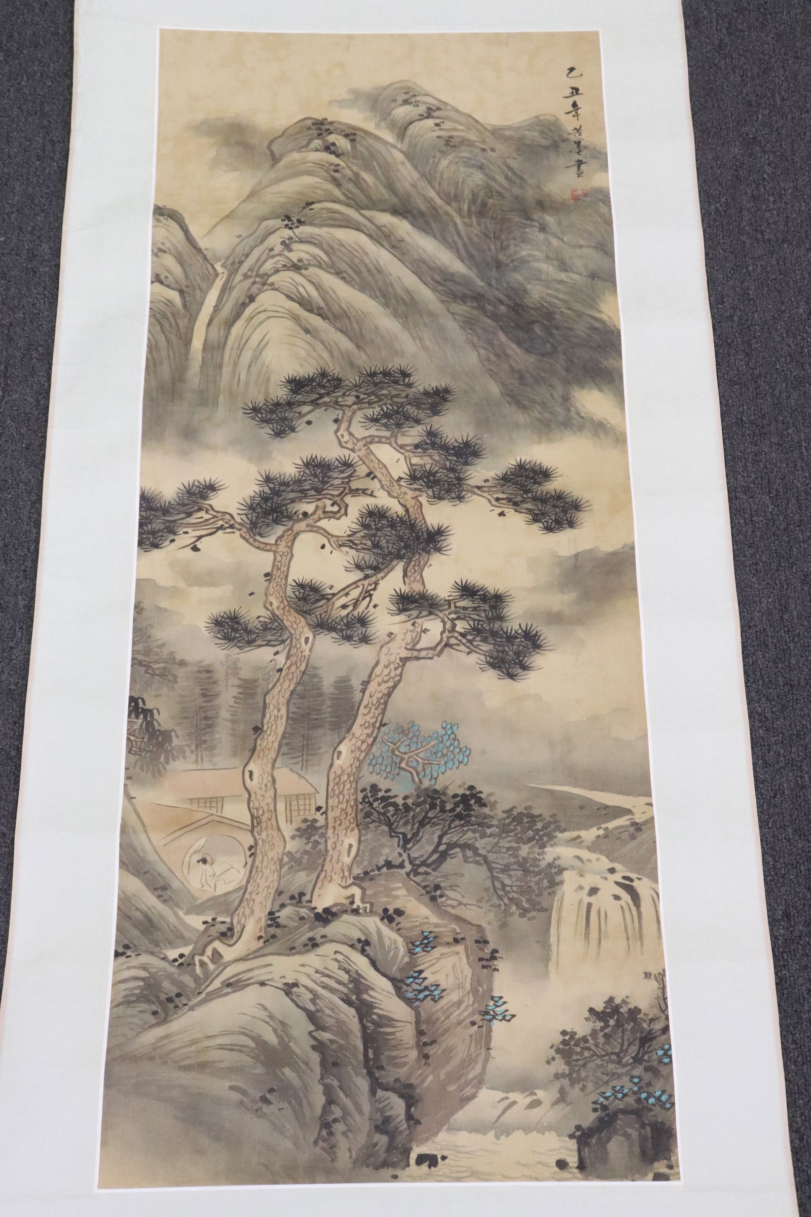 Vintage Chinese watercolor on silk signed Ku Mo: Vintage Chinese watercolor on silk "landscape" signed Ku Mo (??), 36.2"x14.1"