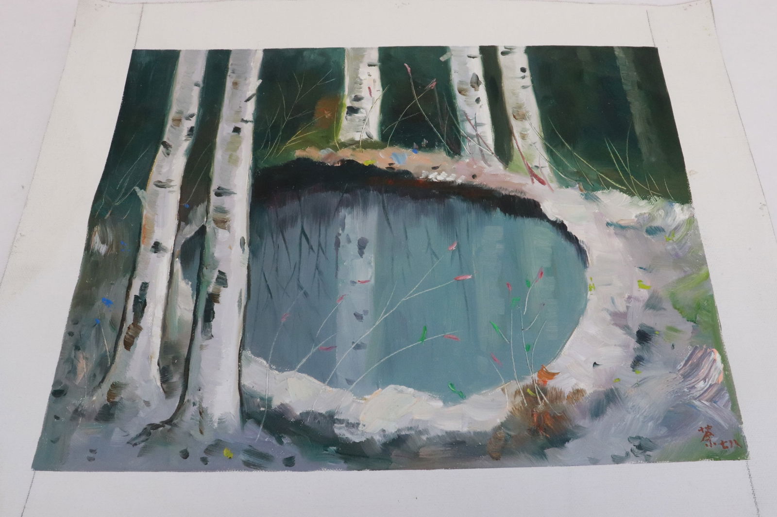 Oil on canvas "forest scene": Oil on canvas "forest scene" attributed to GuanZhong Wu (????, 1919-2010), 12.4"x15.8"