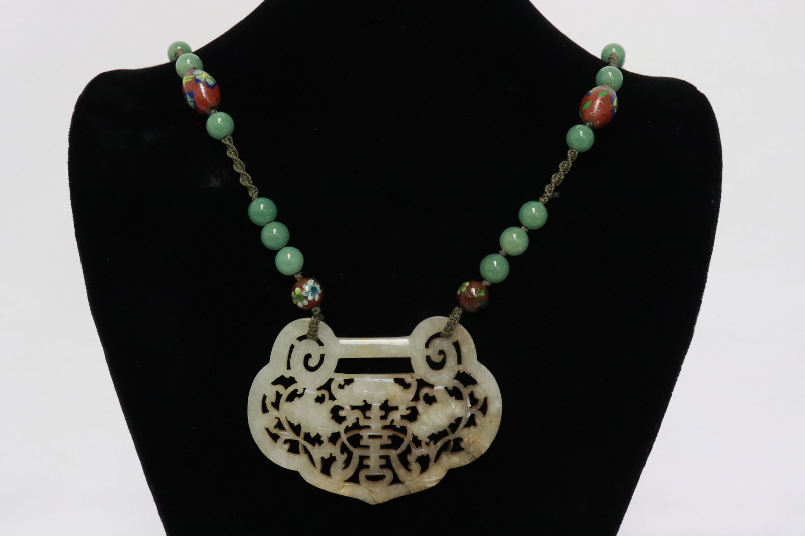 Chinese 19th c. jade pendant w/ jade & cloisonne bead necklace: Large Chinese 19th century white jade pendant (2.35"x3.15"x0.18") attached to jade (0.33"x0.33"dia ea) and cloisonne bead necklace (27.3"L)