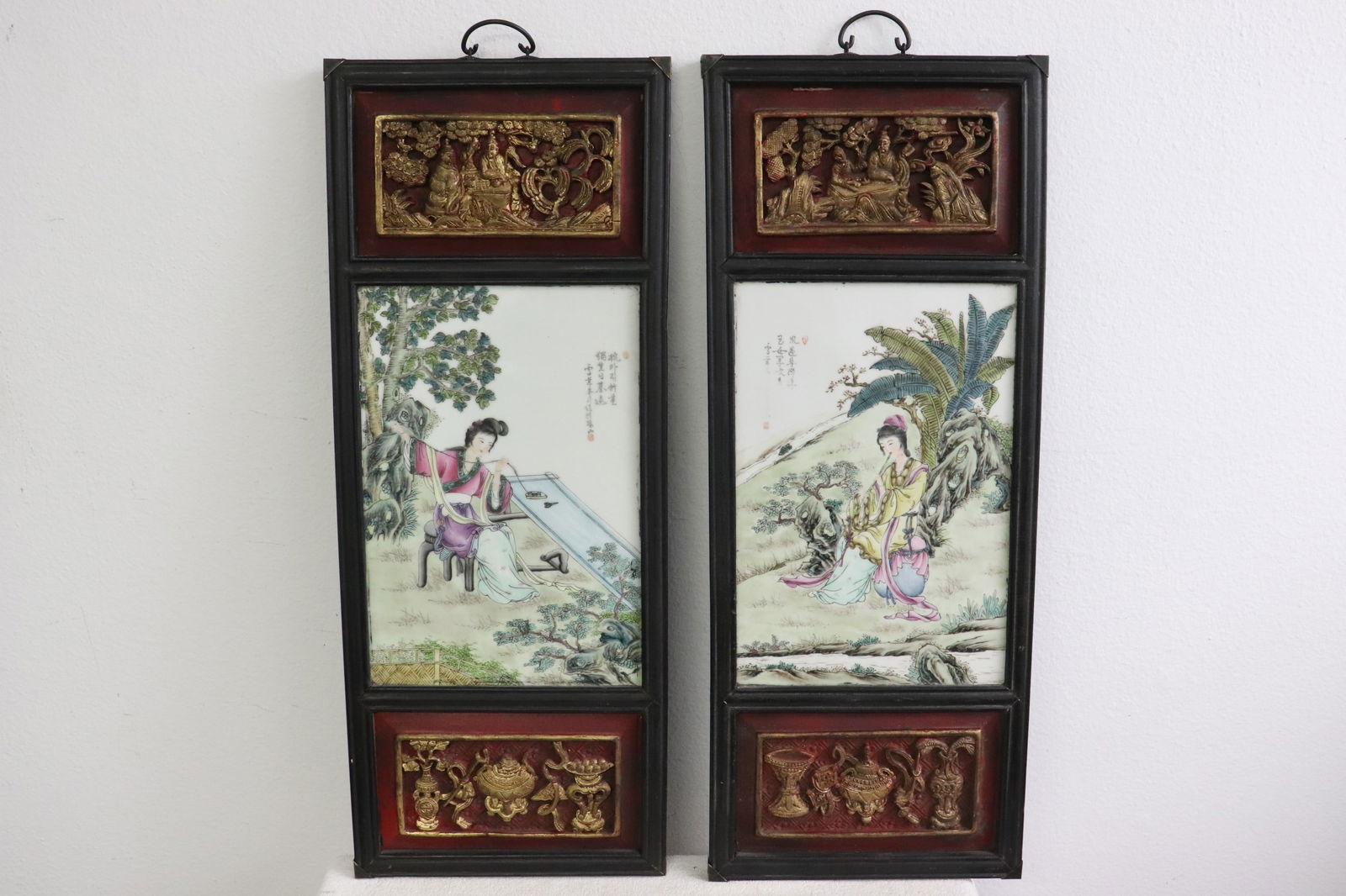 Pair Chinese framed famille rose porcelain plaques: Pair Chinese framed (28.2"x11"x0.8") famille rose porcelain plaques (13.65"x9.15")
