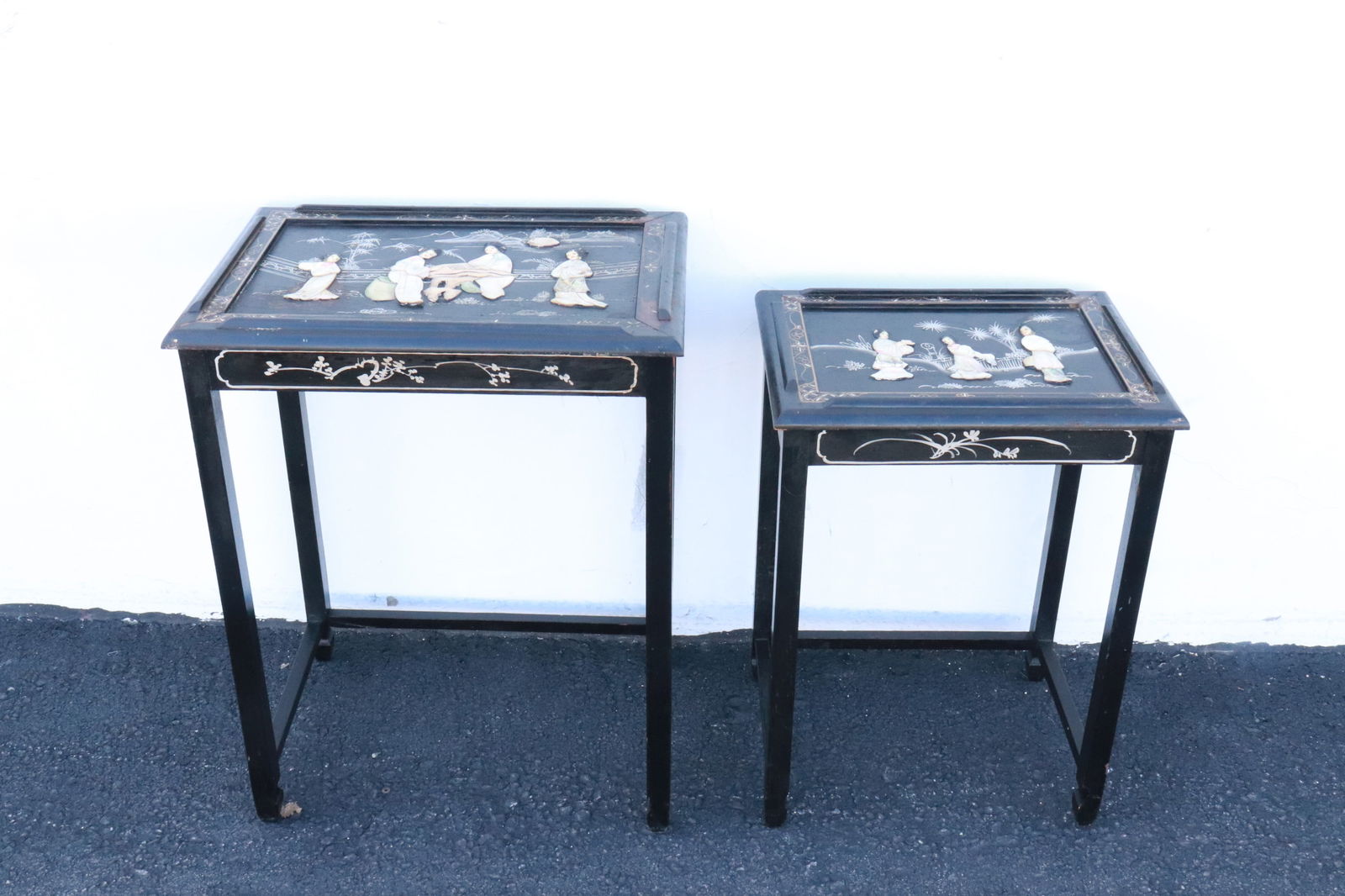 2 pc chinese painted wood tables w/ MOP overlay: 2 pieces chinese painted wood side tables with mother of pearl overlay, 22.65"x16.5"x12.5", 26"x20"x14"