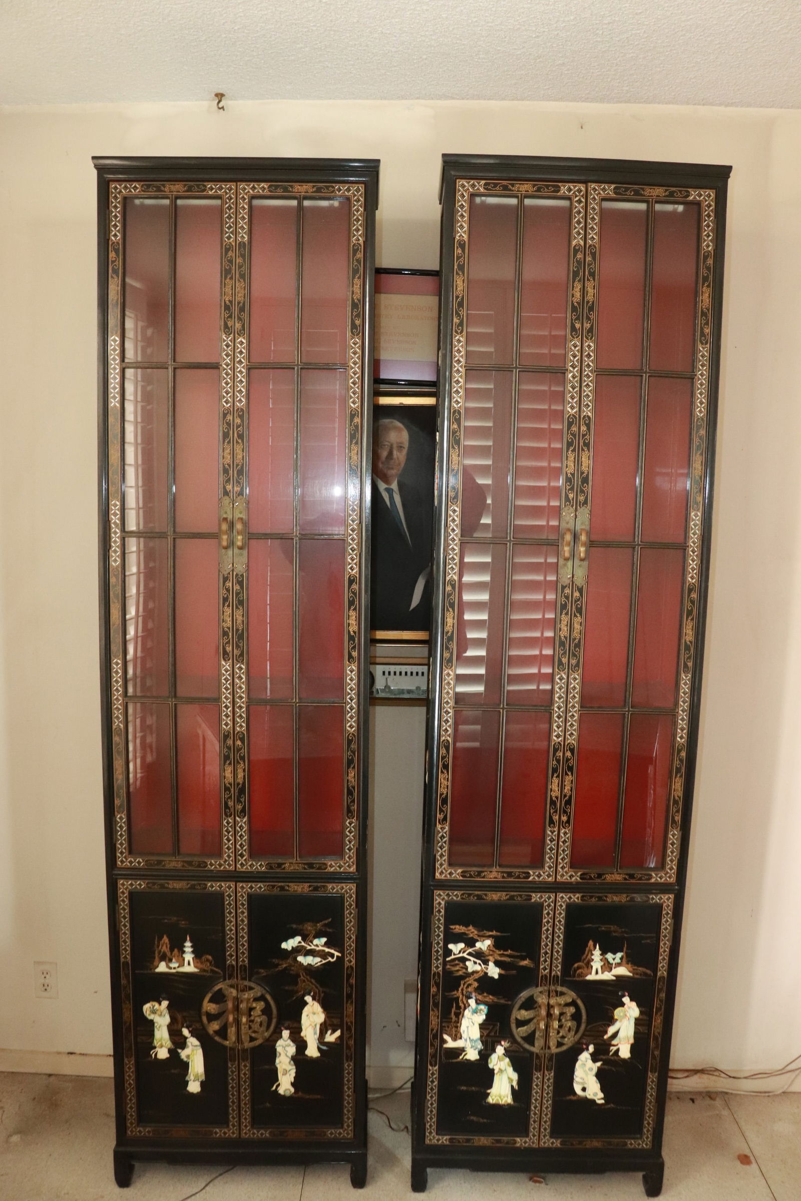 Pair tall lacquer wood display cases w/ stone overlay (1 of 9)