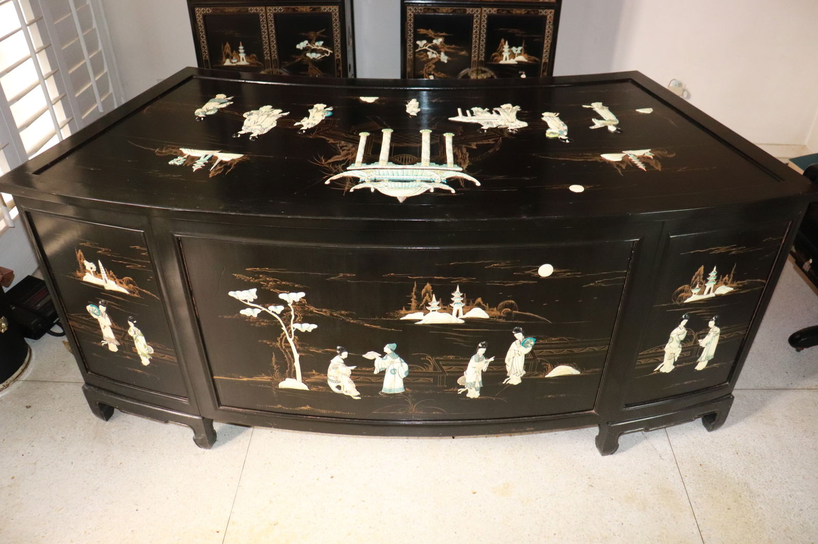 Large very fine lacquer wood carved desk w/ stone overlay (1 of 11)