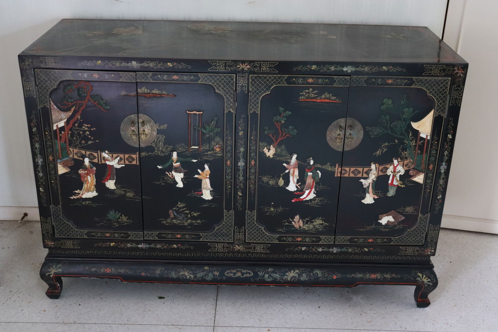 Chinese lacquer wood cabinet with stone overlay (1 of 10)