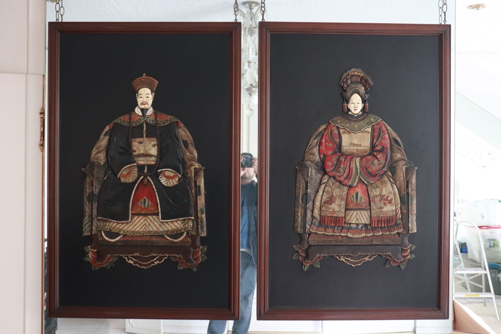 Pr lg Chinese rosewood framed wall hanging w/ stone overlay: Pair large Chinese rosewood framed wall hanging with stone overlay, 46"x30"x1.25" ea