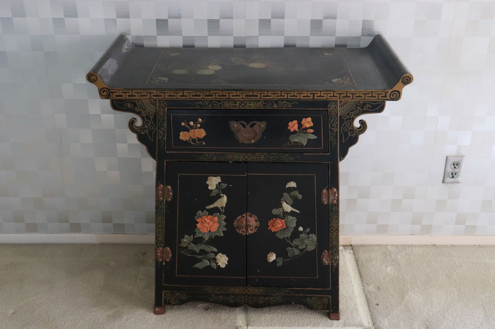 Chinese lacquer wood scroll cabinet w/ stone overlay (1 of 11)