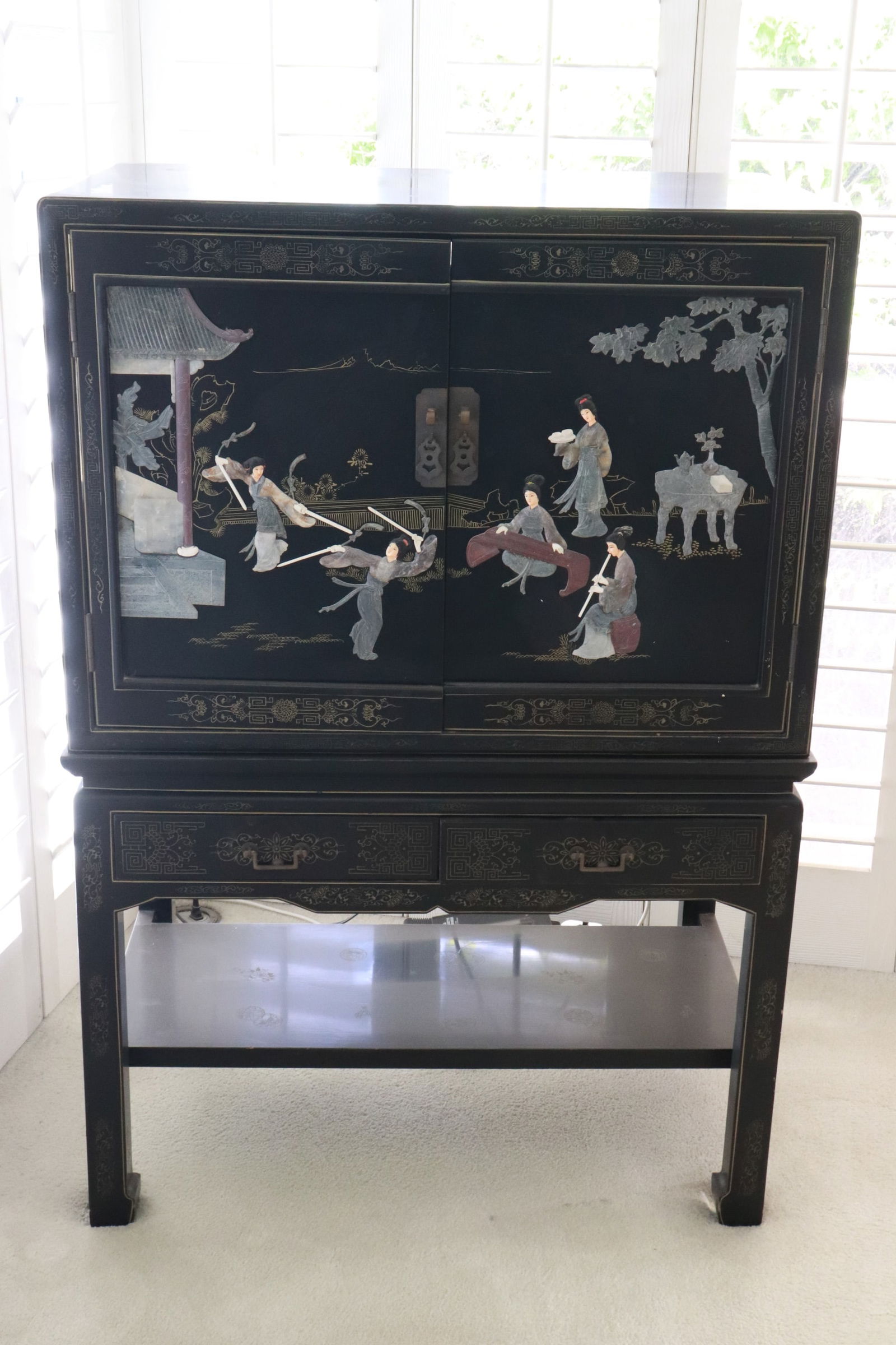 Chinese lacquer wood cabinet on stand w/ stone overlay (1 of 9)