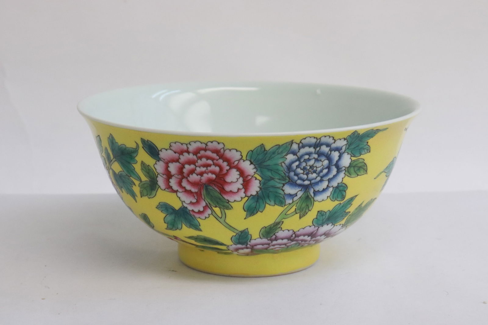 yellow background famille rose porcelain bowl: A beautiful yellow background famille rose porcelain bowl, 3.1"x6.4"dia