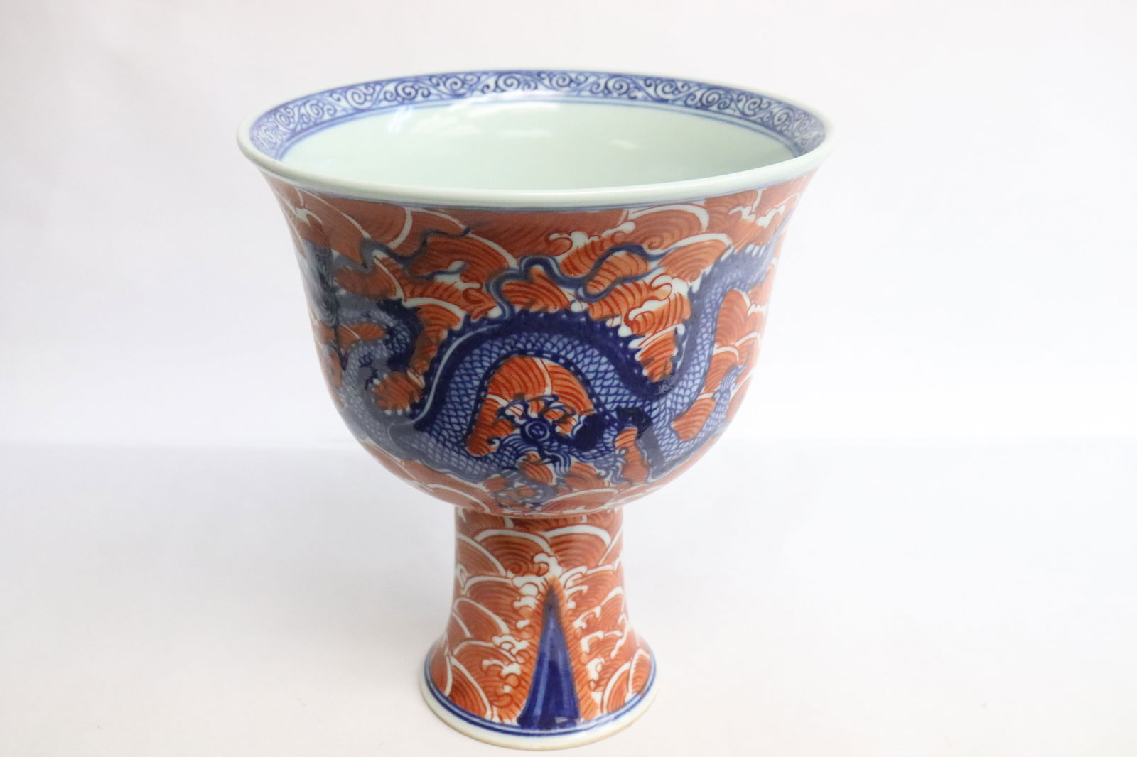 Large Chinese blue, red & white porcelain stem bowl (1 of 7)