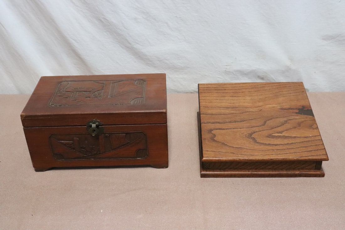A Chinese wood carved box, & a oak document box (1 of 10)