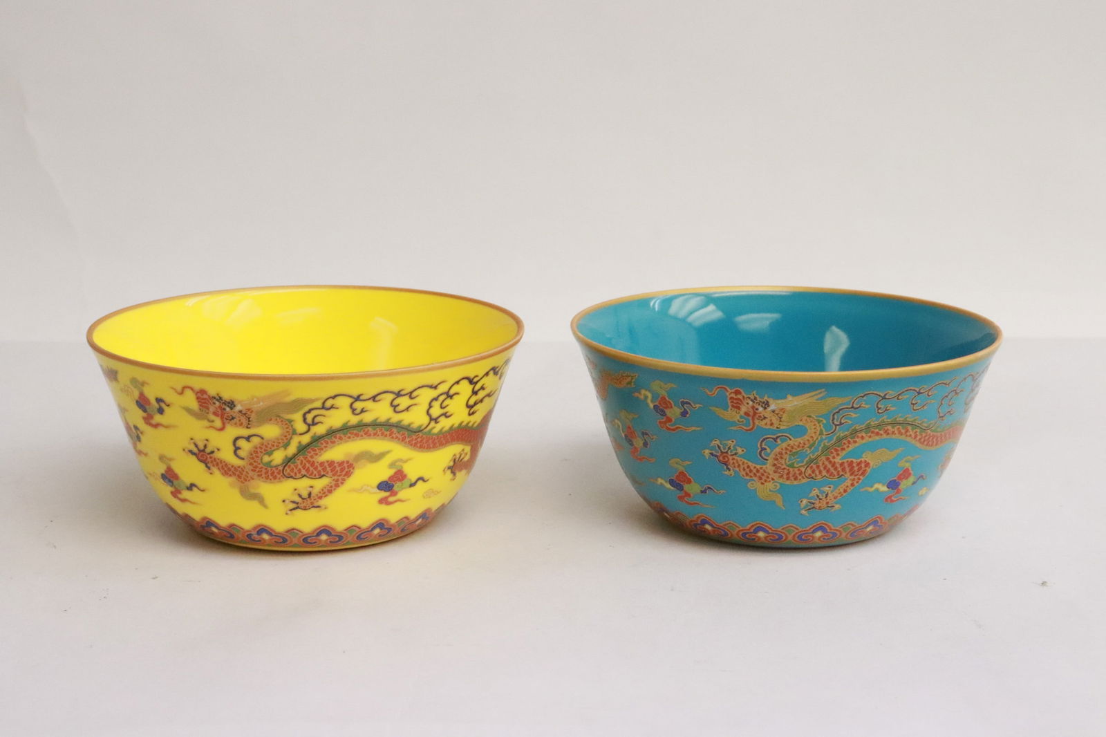2 Chinese enamel on porcelain tea cups: 2 Chinese enamel on porcelain tea cups, 1.6"x3.4"dia ea