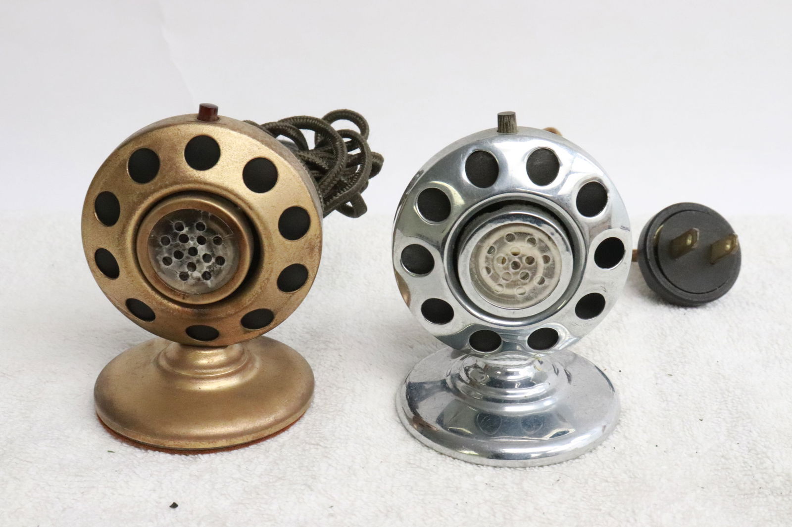 2 art deco electric lighters: 2 art deco electric lighters in the the form of microphone; a chrome cased, and a gold tone cased, 3"x2.5"x2" ea