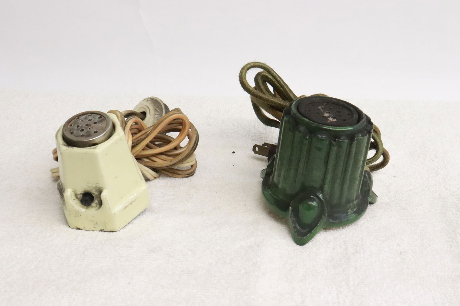 2 art deco porcelain cased electric lighters: 2 art deco porcelain cased electric lighters, 2.8"x3"dia, 2.3"x2"dia