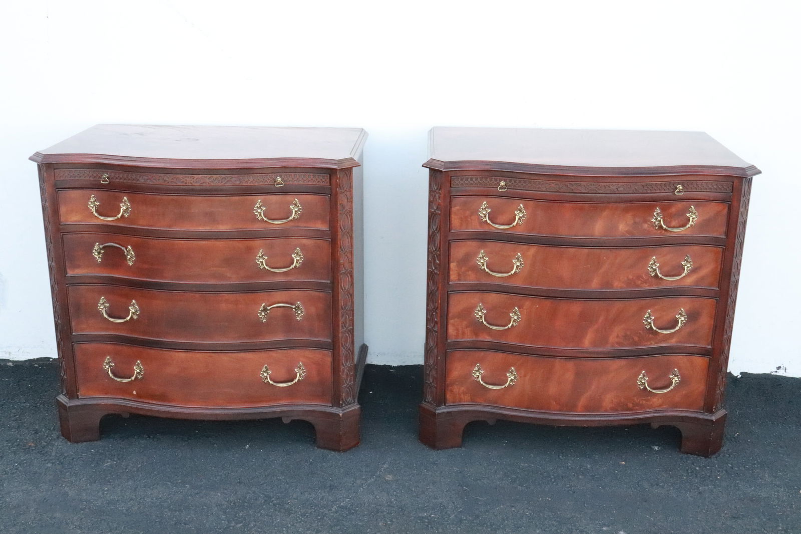 Pair flame mahogany serpentine front chest of drawers (1 of 13)