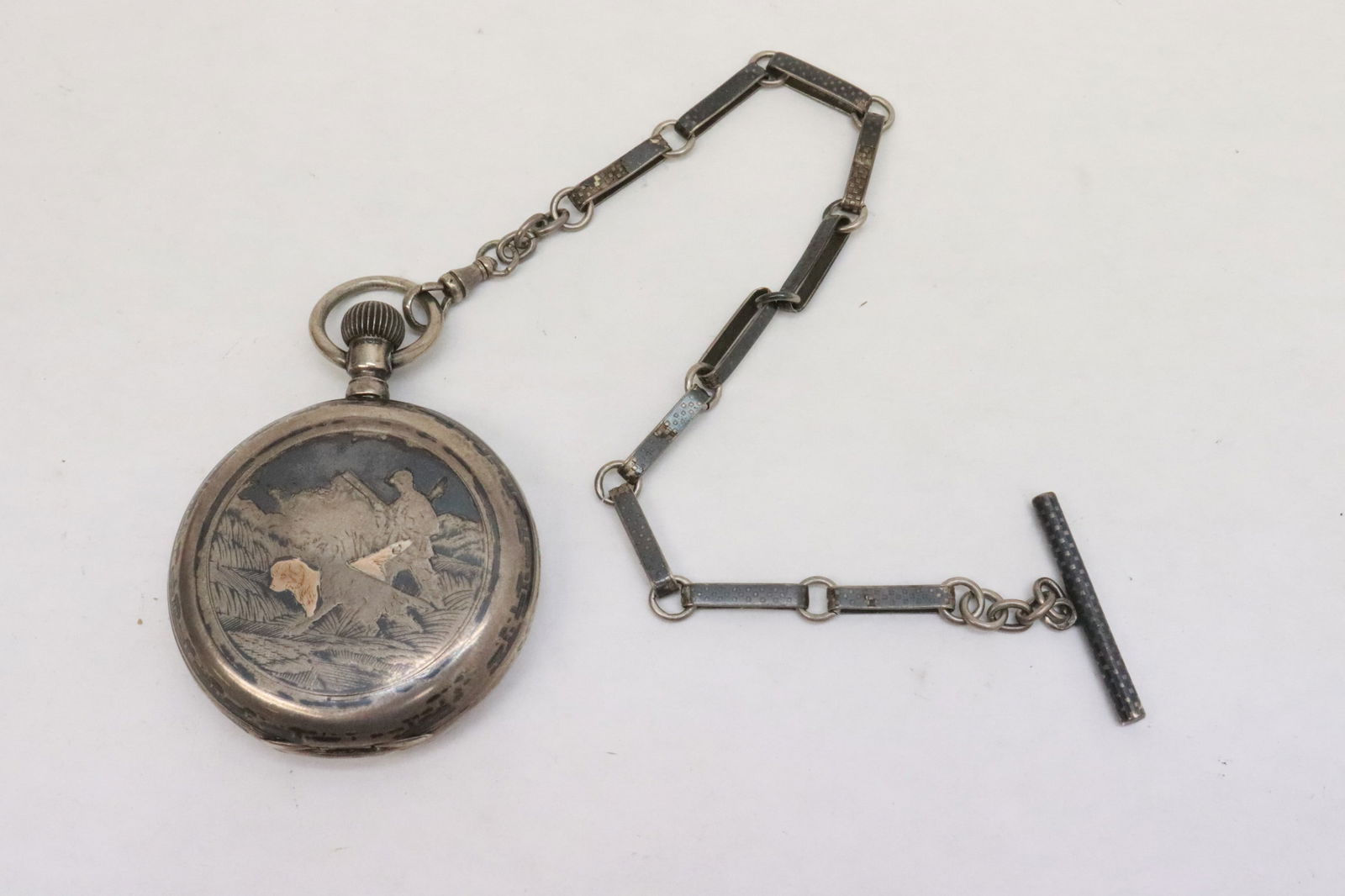 European antique silver pocket watch w/ silver fob: European antique silver pocket watch with silver fob, total wt. 114gm