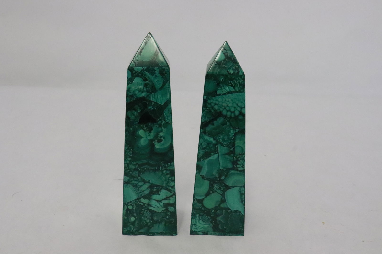 2 malachite points: 2 malachite points, 4.18"x1.15"x1.15", 4.33"x1.18"x1.18"