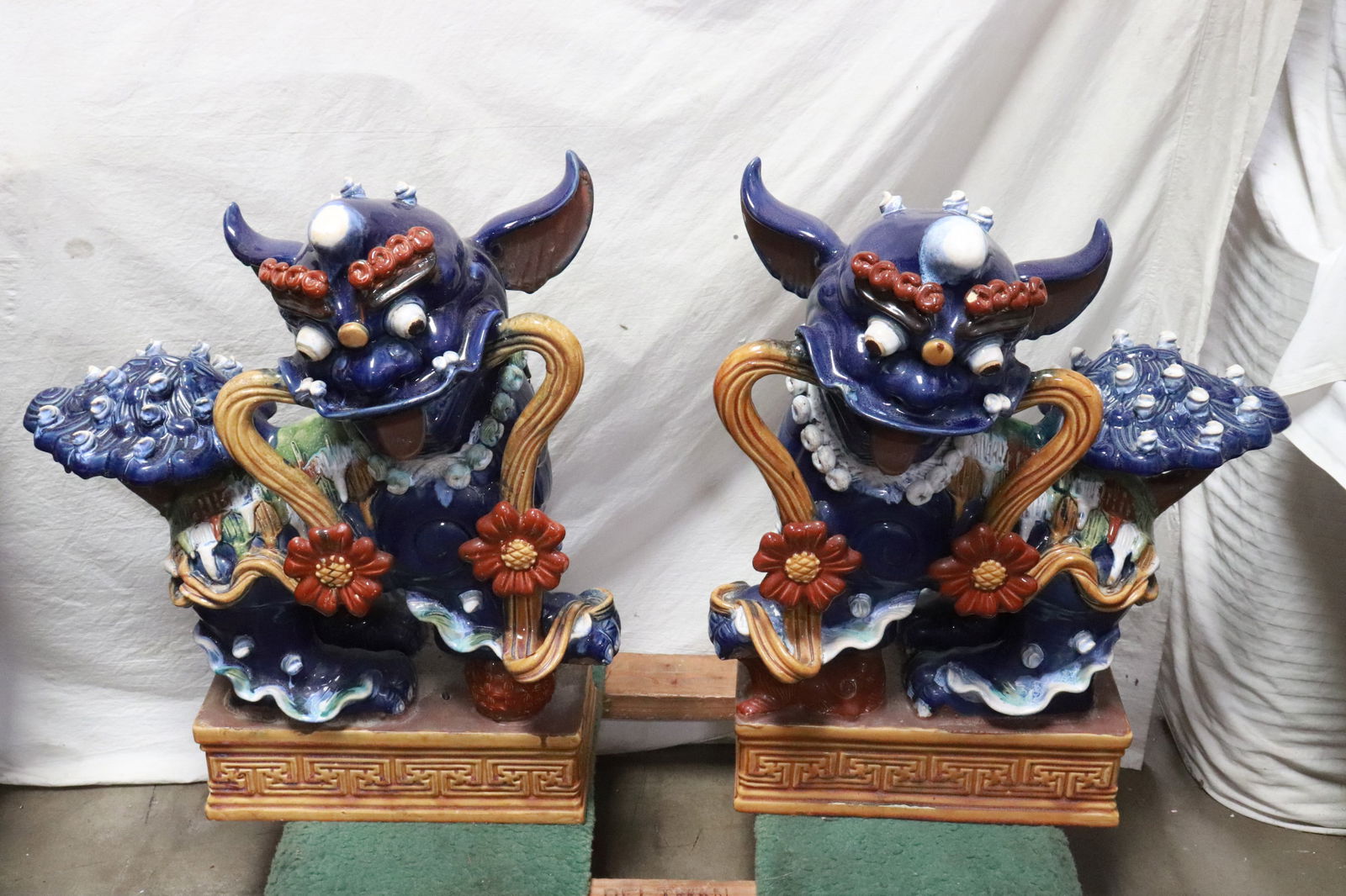Pair monumental sancai earthenware fulions: Pair monumental sancai earthenware fulions, 27.7"H, 27.85"H