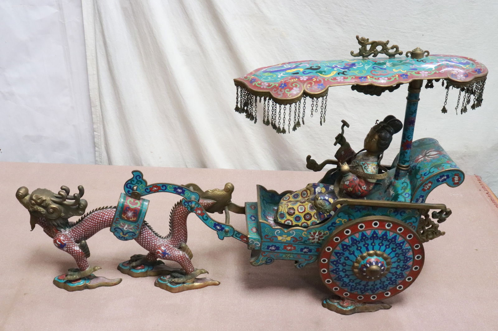 Chinese 19th/20th century cloisonne wagon: An important Chinese 19th/20th century cloisonne wagon with court lady and dragon, 19.85"x31.8"x10"