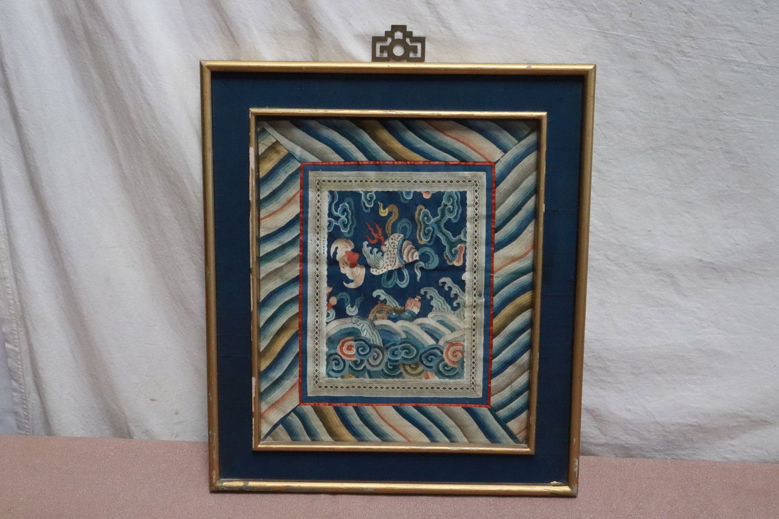 Antique Chinese framed rank patch: Antique Chinese framed (16.65"x14.2"x0.85") rank patch (12.4"x10.3")