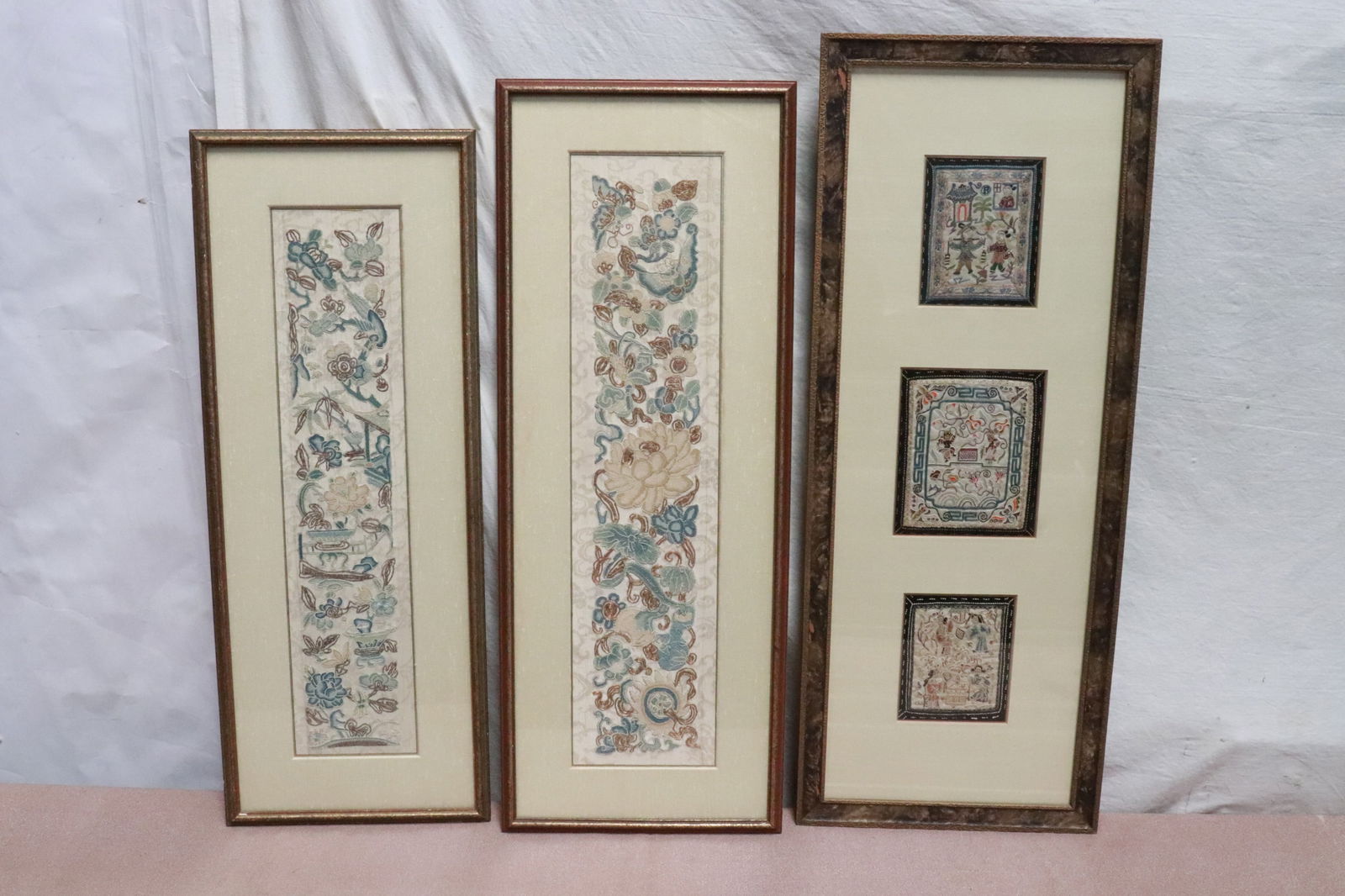3 fine Chinese antique framed embroidery panels: 3 fine Chinese antique framed (24.6"x9.5"x0.6" - 27.6"x10.8"x0.65") embroidery panels (4.8"x3.85" - 21.2"x5.15")