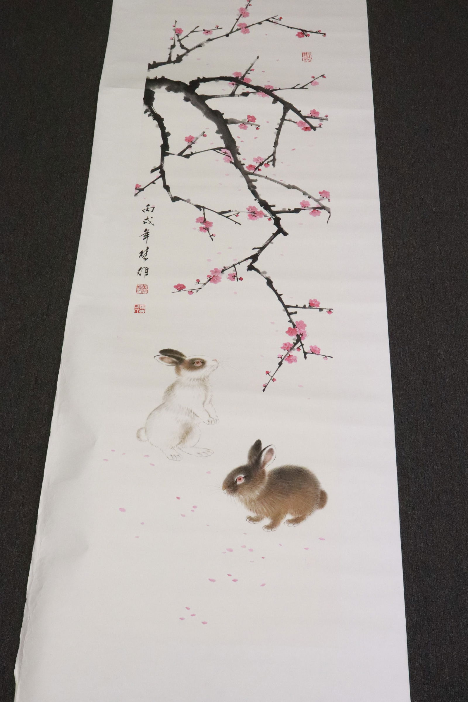 Chuxiong Fang unusually large w/ on paper "rabbits": Chuxiong Fang (方楚雄, 1950- ) unusually large watercolor on paper "rabbits", 54"x14.2"