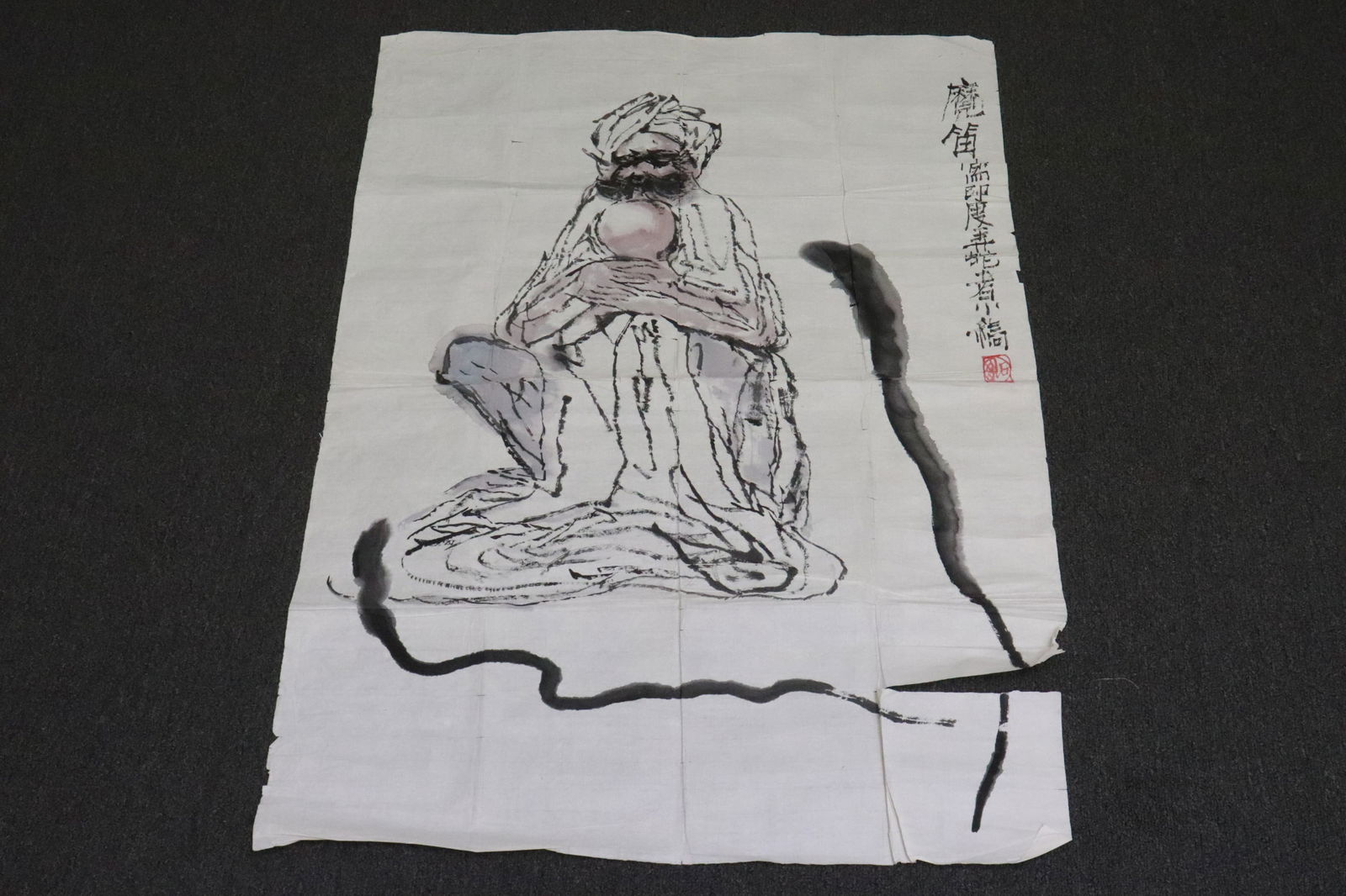 Watercolor on rice paper "figure": Watercolor on rice paper "figure", attributed to Lu Shi (石魯, 1919-1982), tears on border, 37"x26.65"