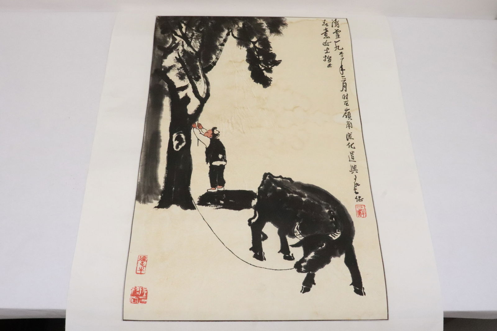 KeRan Li watercolor on paper "boy w/ water buffalo: KeRan Li (李可染, 1907-1989) watercolor on paper "boy with water buffalo", light water stain, 27.2"x17.7"