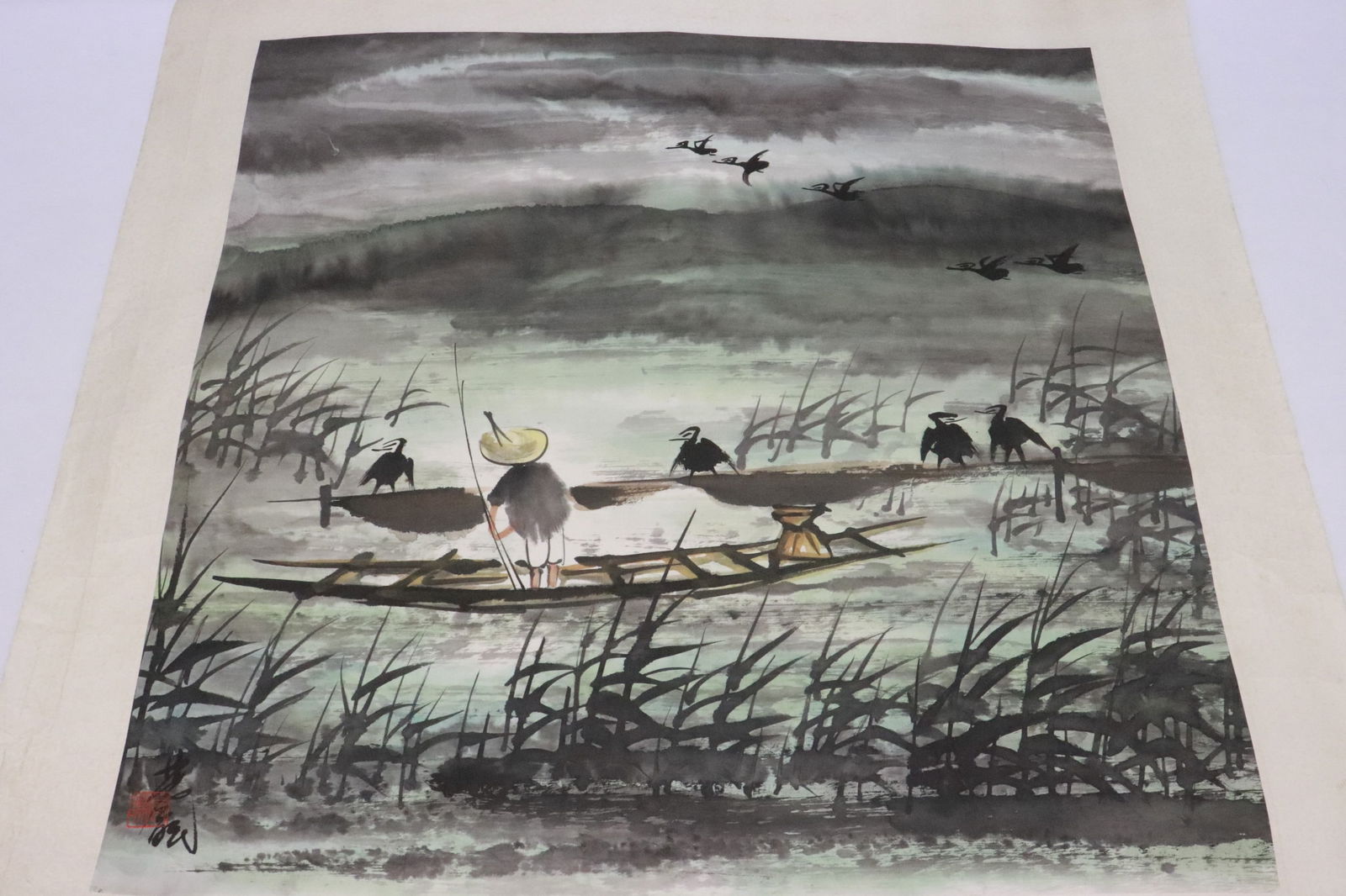 Watercolor on paper attributed to Feng Mian Lin: Watercolor on paper "farming scene", attributed to Feng Mian Lin (林風眠, 1900-1991), 26.6"x26.6"