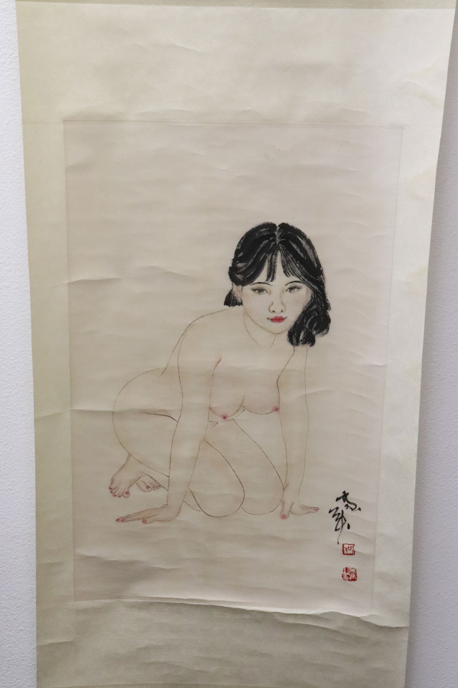 Jia Ying He watercolor on paper scroll "nude": Jia Ying He (何家英, 1957- ) watercolor on paper scroll "nude'", 26.8"x17"