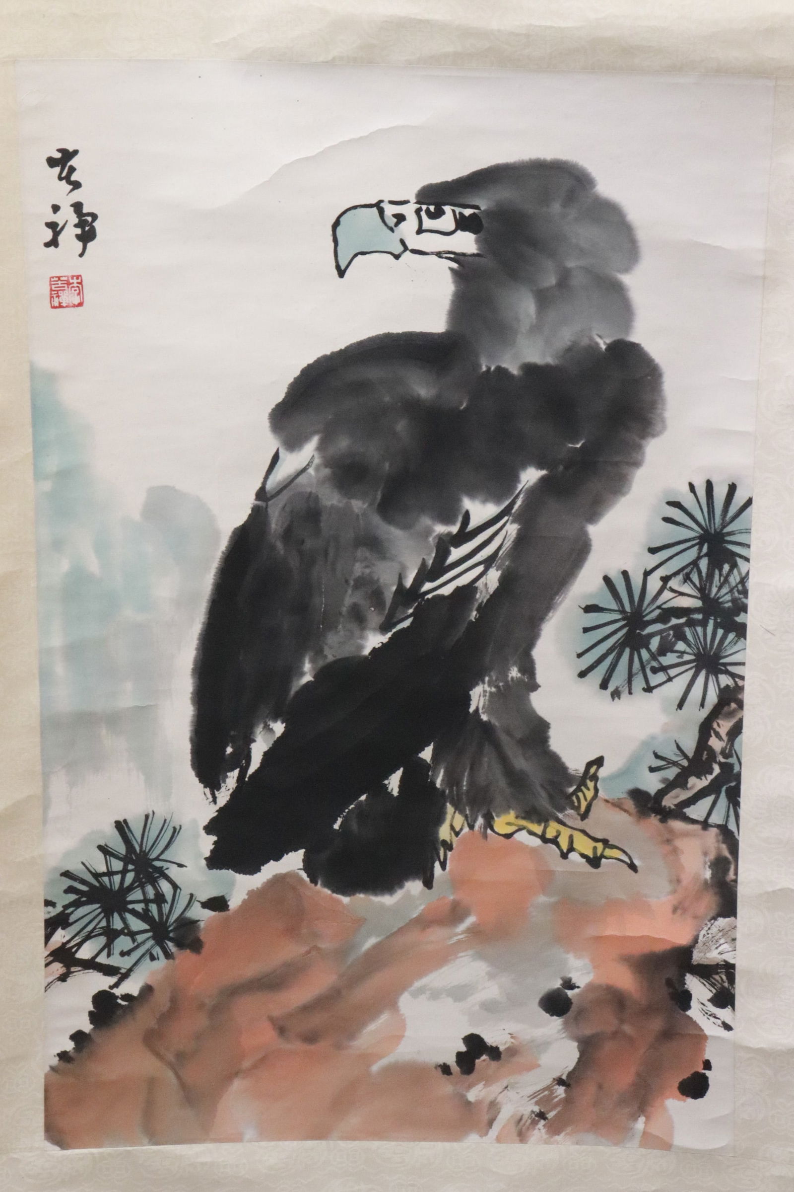 Ku Chan Li watercolor on paper "eagle": Ku Chan Li (李苦禪, 1899-1983) watercolor on paper "eagle", scroll top bar missing, 32.35"x20.8"