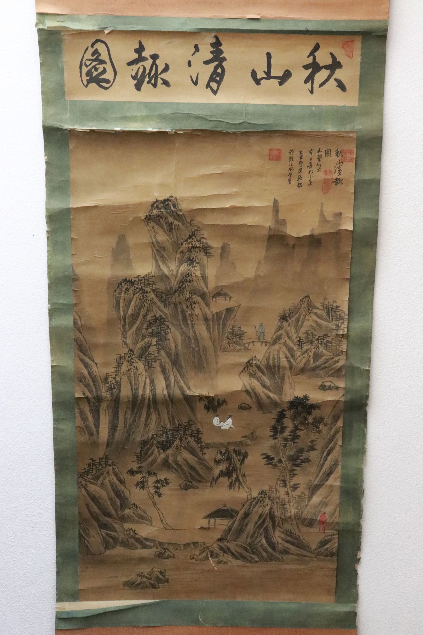 Xiong Zhang watercolor on paper: Xiong Zhang (張熊, 1803-1886) watercolor on paper "mountain landscape with people", top damage, paper crack, 44.85"x21.15"