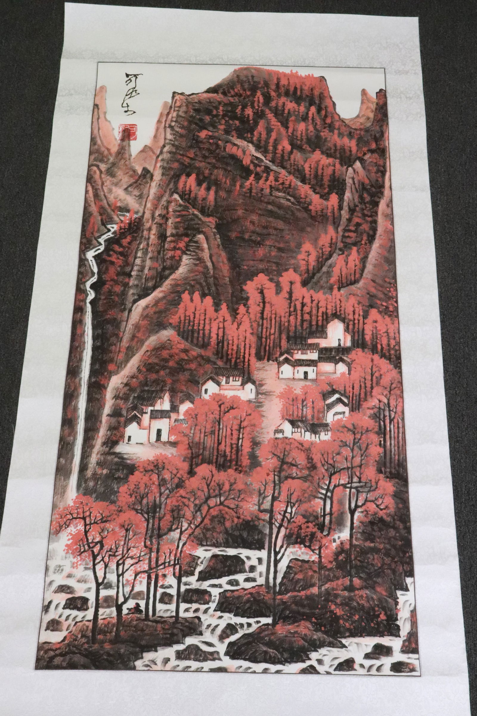 Large watercolor on paper panel, attributed to Ke Ran Li: Large watercolor on paper panel "mountain landscape", attributed to Ke Ran Li (李可染, 1907-1989), 38.65"x18.85"