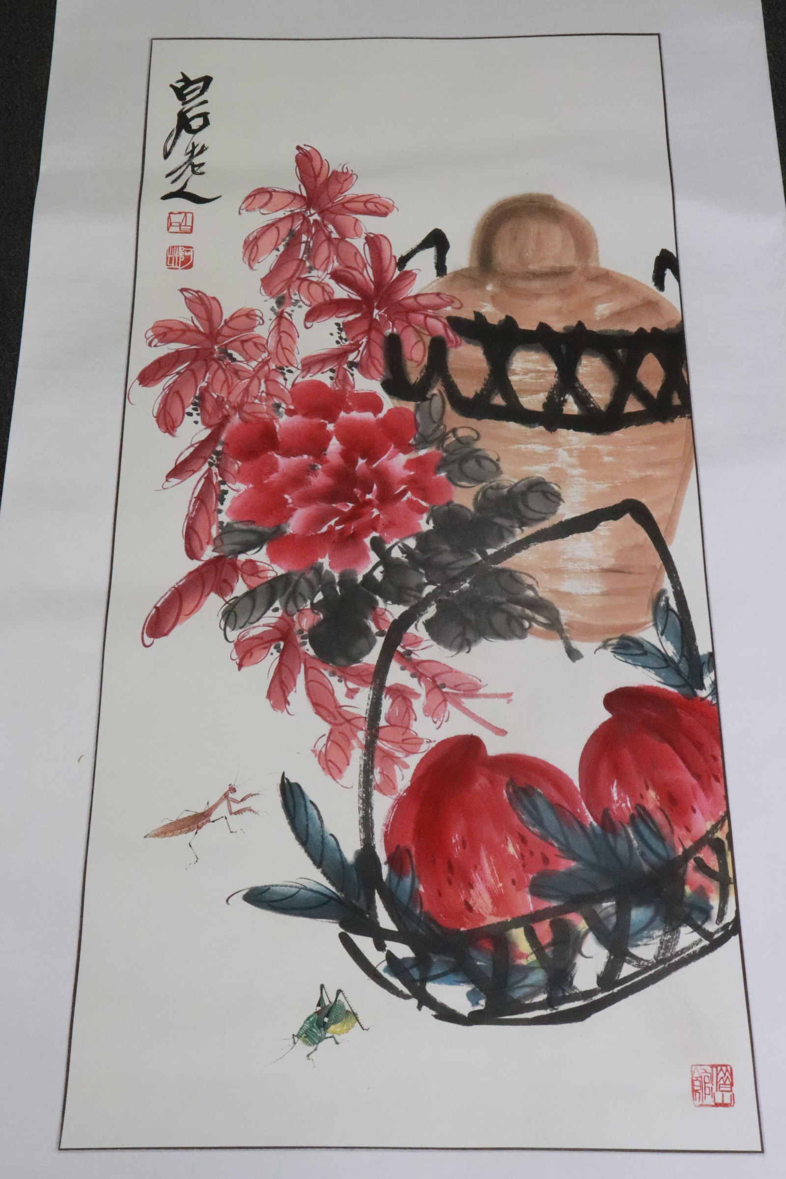 Watercolor on paper attributed to Bai Shi Qi: Watercolor on paper "flower with bugs", attributed to Bai Shi Qi (齊白石, 1864-1957), 38.8"x18"