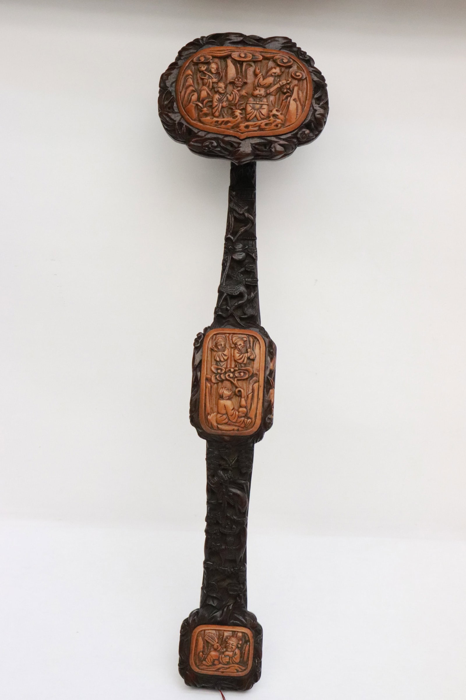 Chinese 17th/18th c. zitan wood ruyi w/ huangyang wood inset: An important Chinese 17th/18th century zitan wood ruyi with huangyang wood inset, 19.3"L