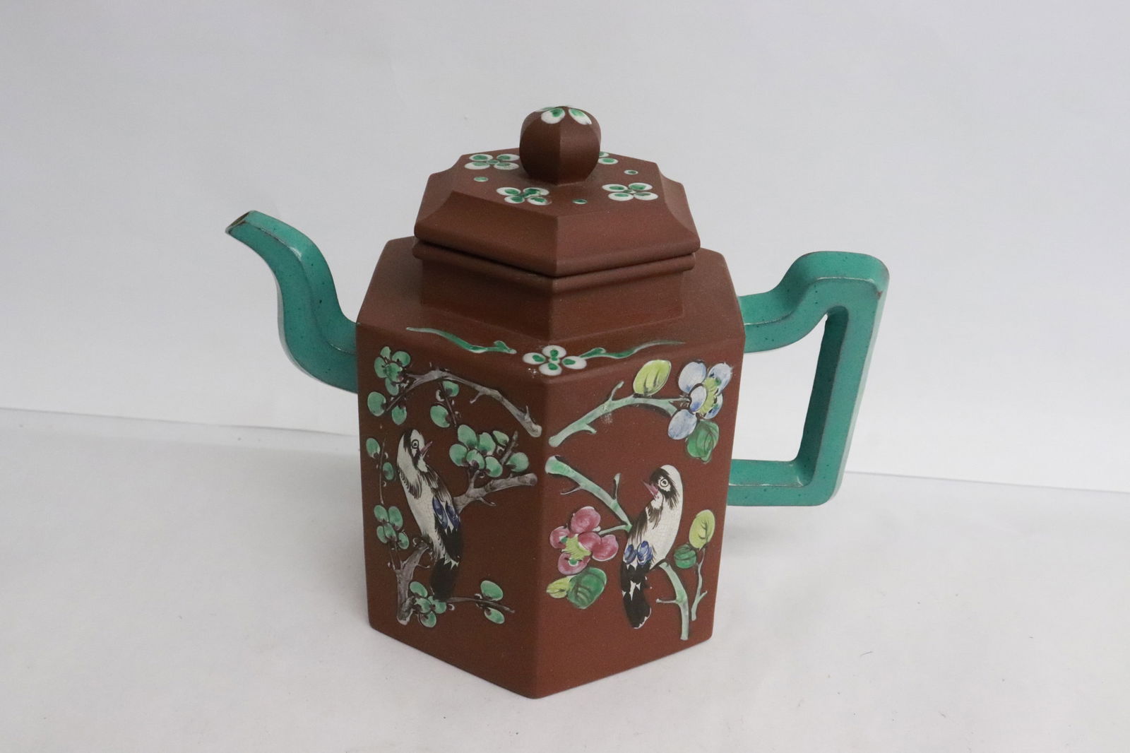 Chinese 19th century enamel on Yixing teapot: Chinese 19th century enamel on Yixing teapot, 6.2"x7.5"x4.7"