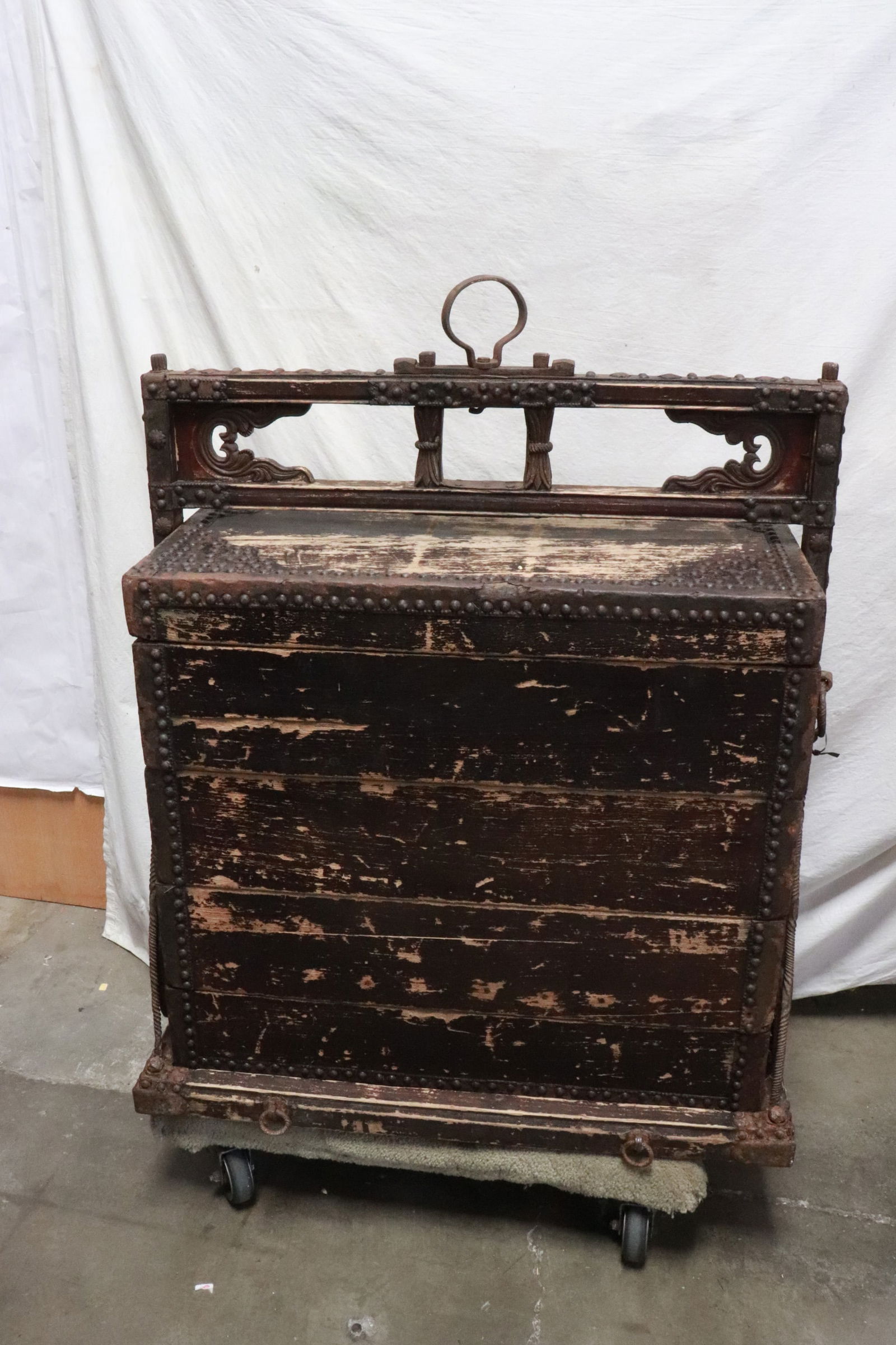 Chinese 19th c. wedding betrothal gift stacked chest: Rare Chinese 19th century wedding betrothal gift stacked chest, paint worn, 42"x34"x21"